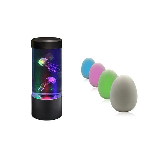 Sensory Light Up Toy Set 1 x Mini Fake Jellyfish Aquarium Mood Lamp Tank & Colour Changing Eggs (Pack 4)