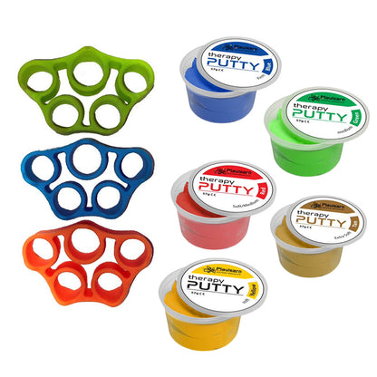 Playlearn Silicone Finger Hand Strengtheners in 3 Strengths and Therapy Putty Squeezable in 5 Strengths